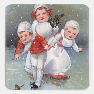 Sticker Carré Joyeux NoëlPetits enfants Patinage sur glace