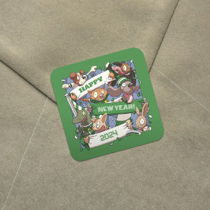 Sticker Carré Joyeux Nouvel An Drôle Animaux Fans Écarf Cartoon