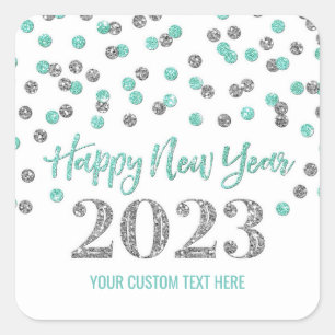 Sticker Carré Joyeux Nouvel An Turquoise Silver 2023