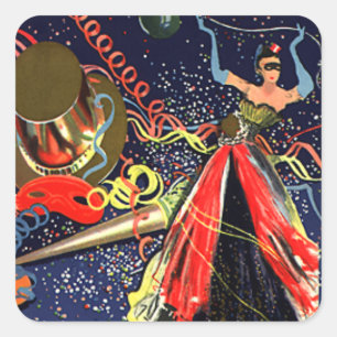 Sticker Carré Joyeux Nouvel An vintage avec Confetti