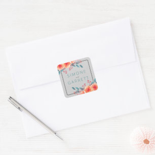 Sticker Carré Joyeux orange floral et Turquoise Mariage lumineux