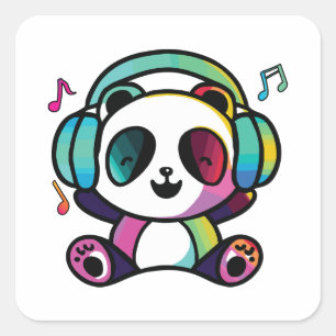 Sticker Carré Joyeux Panda avec écouteurs écoutant de la musique