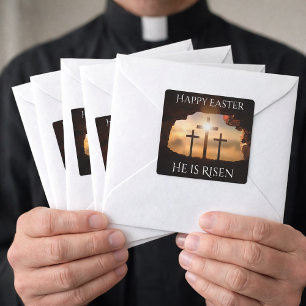 Sticker Carré Joyeux Pâques Il est ressuscité Trois Croix Fête