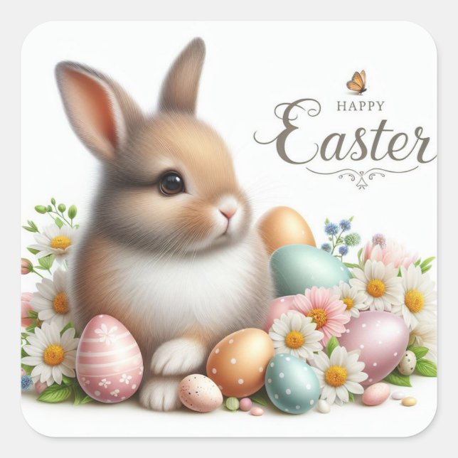 Sticker Carré Joyeux Pâques, lapin de Pâques, oeufs et fleurs (Devant)