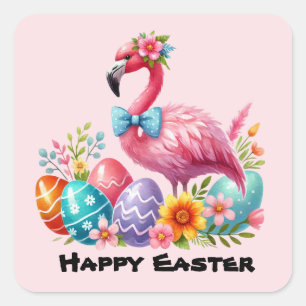 Sticker Carré Joyeux Pâques rose flamingo vacances
