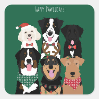 Sticker Carré Joyeux Pawlidays de mignons chiens de Noël