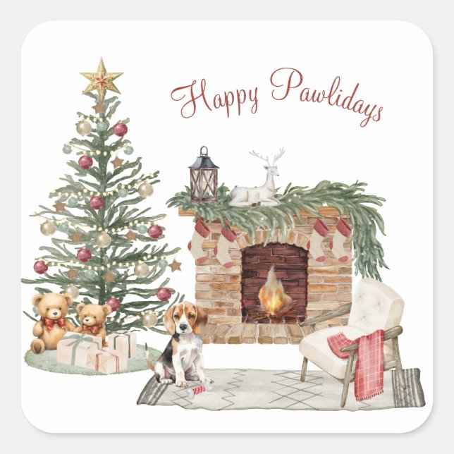 Sticker Carré Joyeux Pawlidays Design de Chien - Beagle (Devant)