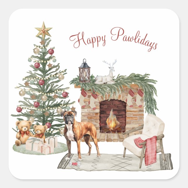 Sticker Carré Joyeux Pawlidays Design de Chien- Boxer (Devant)