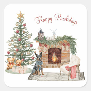 Sticker Carré Joyeux Pawlidays Design de Chien de Bétail Austral