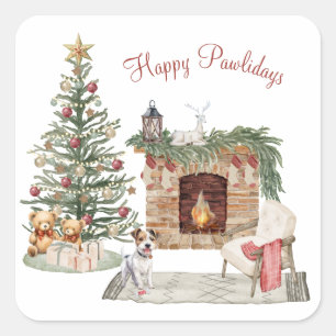 Sticker Carré Joyeux Pawlidays Design de Chien- Jack Russell