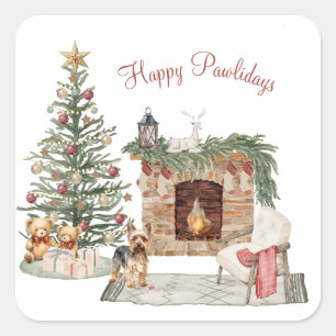 Sticker Carré Joyeux Pawlidays Design de Chien- Yorkie