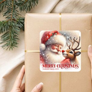 Sticker Carré Joyeux Père Noël personnalisé et Noël de Rudolph