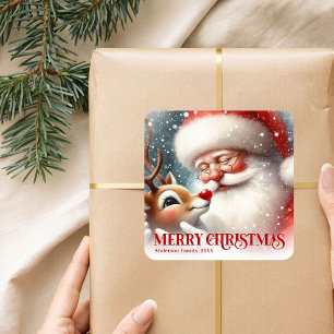 Sticker Carré Joyeux Père Noël personnalisé et vacances de Rudol