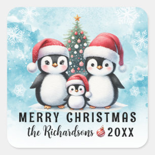 Sticker Carré Joyeux pingouins de Noël mignons Bleu et Rouge Per
