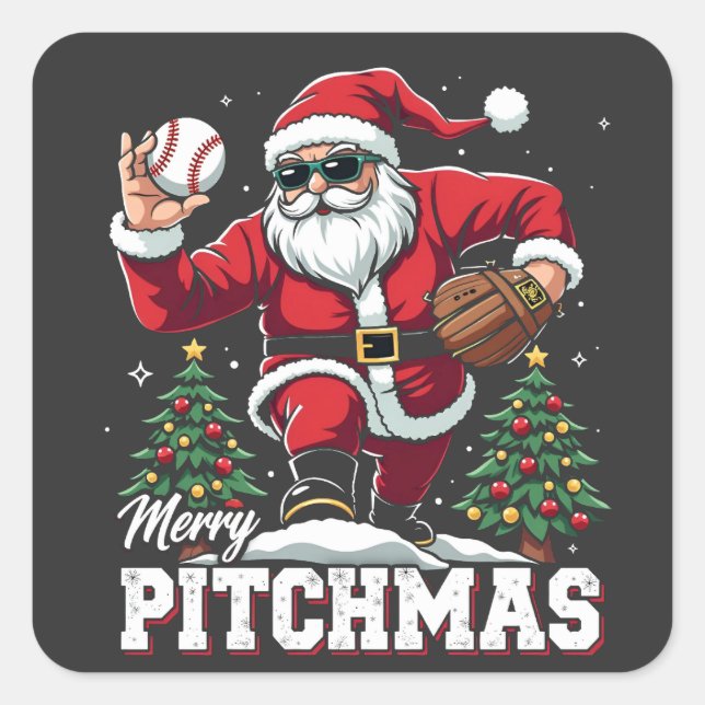 Sticker Carré Joyeux Pitchmas Noël Amateur de baseball Père Noël (Devant)