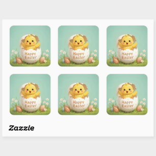 Sticker Carré Joyeux poulet de Pâques mignonne à l'oeuf Pastel P