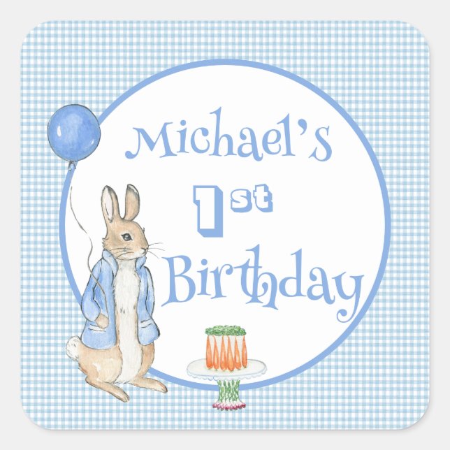 Sticker Carré Joyeux Premier Anniversaire Lapin Mignon Bleu (Devant)