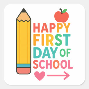 Sticker Carré Joyeux premier jour d'école Crayon Pomme Coloré