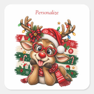 Sticker Carré Joyeux Renne Noël Personnalisé Fêtes