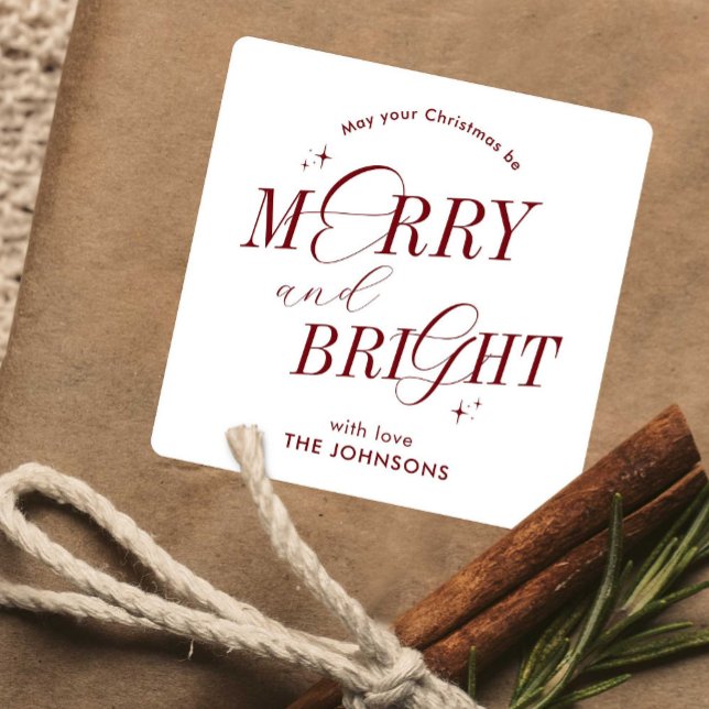 Sticker Carré Joyeux & Rouge brillant Script élégant Noël modern (Elegant Merry & Bright holiday gift stickers that are sure to impress)