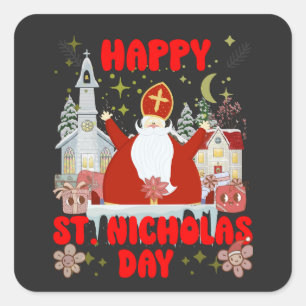 Sticker Carré Joyeux Saint Nicolas Day hiver rétros Hollydays
