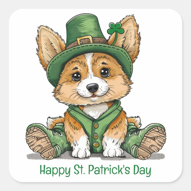 Sticker Carré Joyeux Saint Patrick's Day Corgi Chien (Devant)