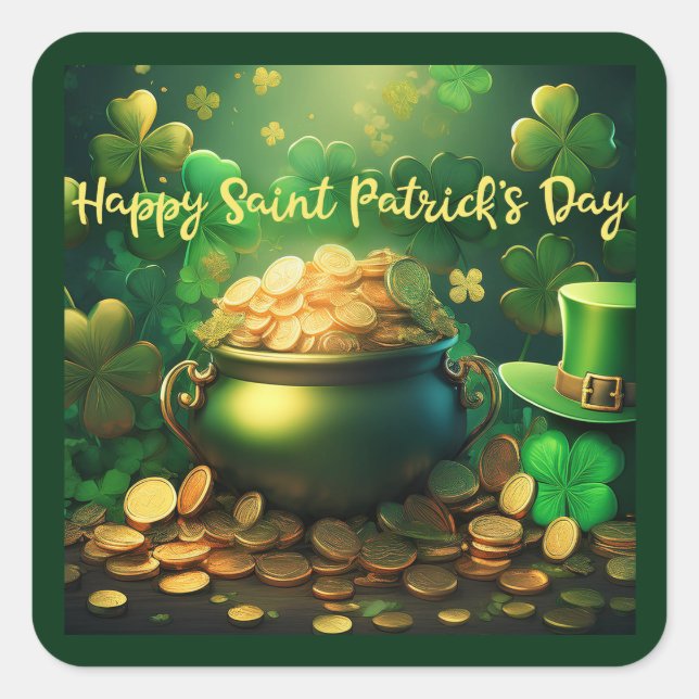 Sticker Carré Joyeux Saint Patrick's Day Pot of Gold Coins (Devant)