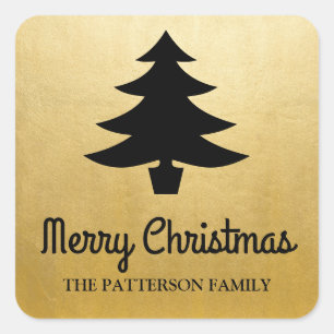 Sticker Carré Joyeux script de Noël Arbre Faux Gold Foil