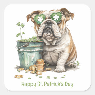 Sticker Carré Joyeux St. Patrick's Day English Bulldog