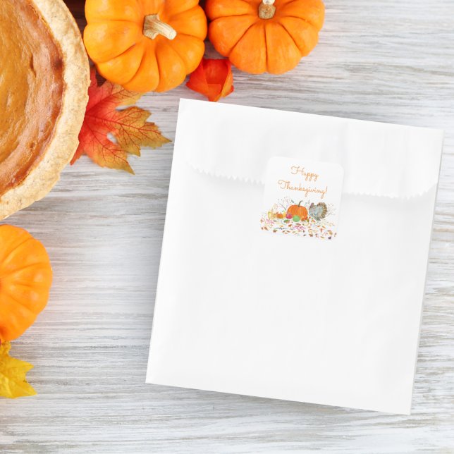 Sticker Carré Joyeux Thanksgiving Aquarelle Citrouille & Dinde (Créateur téléchargé)