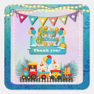 Sticker Carré Joyeux Train D'Anniversaire Avec De Beaux Souhaits