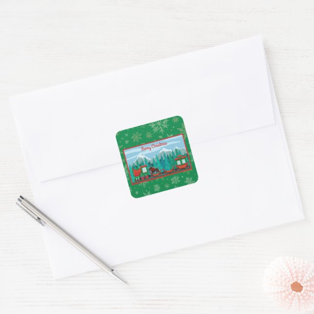 Sticker Carré Joyeux train de Noël avec chien (Enveloppe)
