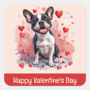 Sticker Carré Joyeux Valentines Day Boston Terrier Dog