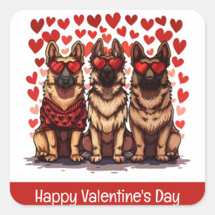 Sticker Carré Joyeux Valentines Day Chiens bergers allemands