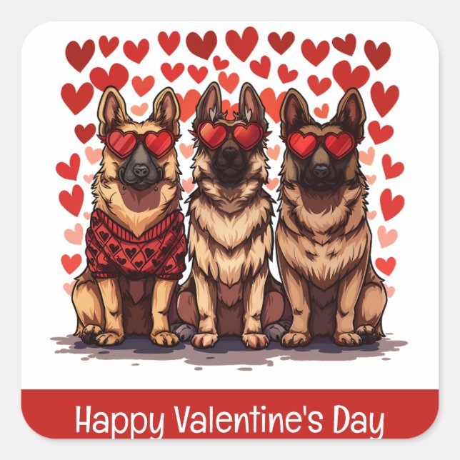 Sticker Carré Joyeux Valentines Day Chiens bergers allemands (Devant)