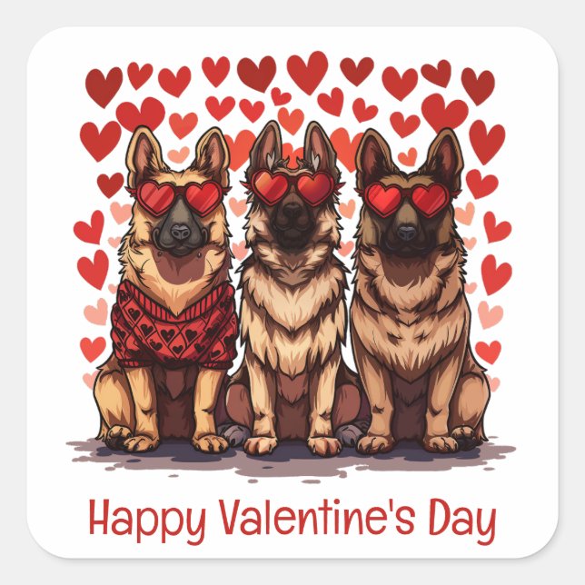 Sticker Carré Joyeux Valentines Day Chiens bergers allemands (Devant)