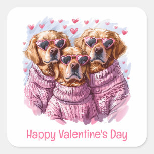 Sticker Carré Joyeux Valentines Day Golden Retriever Dogs