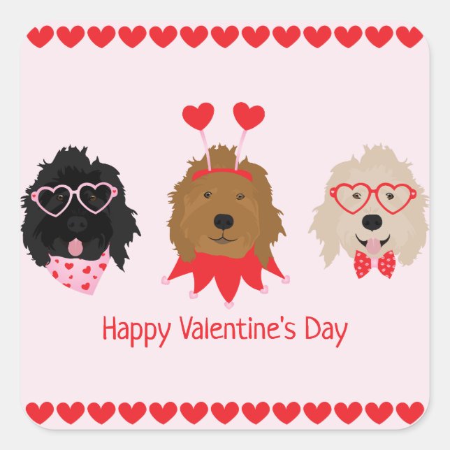 Sticker Carré Joyeux Valentines Day Mini Goldendoodle Chiens (Devant)