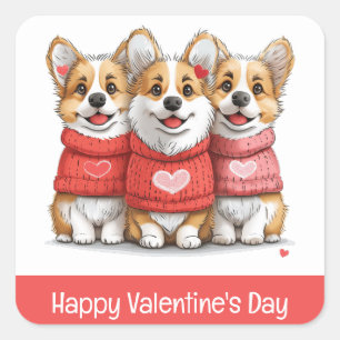 Sticker Carré Joyeux Valentines Day Pembroke Welsh Corgi Chiens