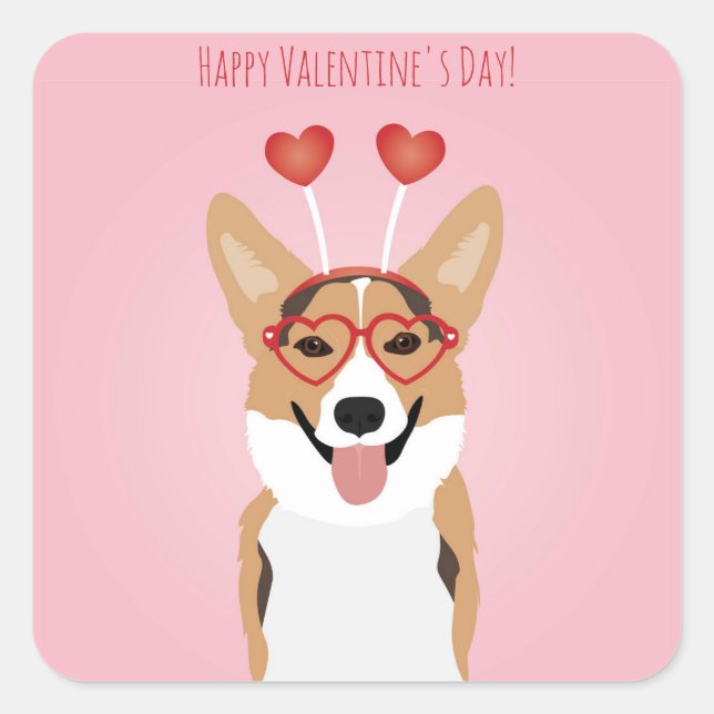 Sticker Carré Joyeux Valentines Jour Corgi Chien (Devant)