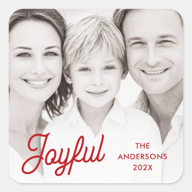 Sticker Carré Joyful red festive retro font name year photo (Devant)