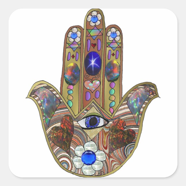 Sticker Carré Judaica Hamsa Coeurs Fleurs Opal Art Imprimer (Devant)