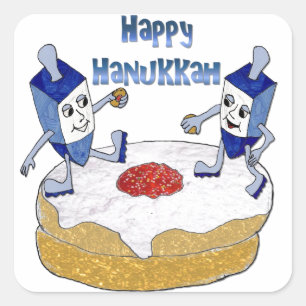Sticker Carré Judaica Joyeux Hanukkah Dreidels Dansants Beignet