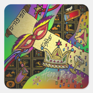 Sticker Carré Judaica Joyeux Purim Juif Vêtements cadeaux