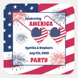 Sticker Carré Juillet 4 Heart Lunettes de soleil America Party