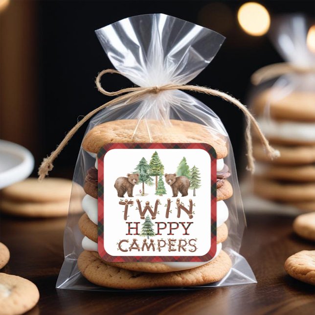 Sticker Carré Jumeaux Rustiques Woodland Un Joyeux Camper Favori (Twin Happy Camper Favor Sticker)