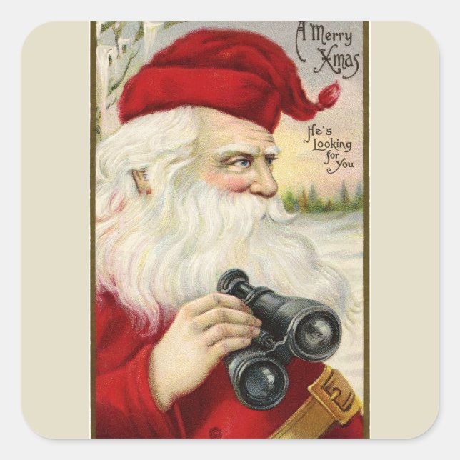 Sticker Carré Jumelles vintages Père Noël Holding (Devant)