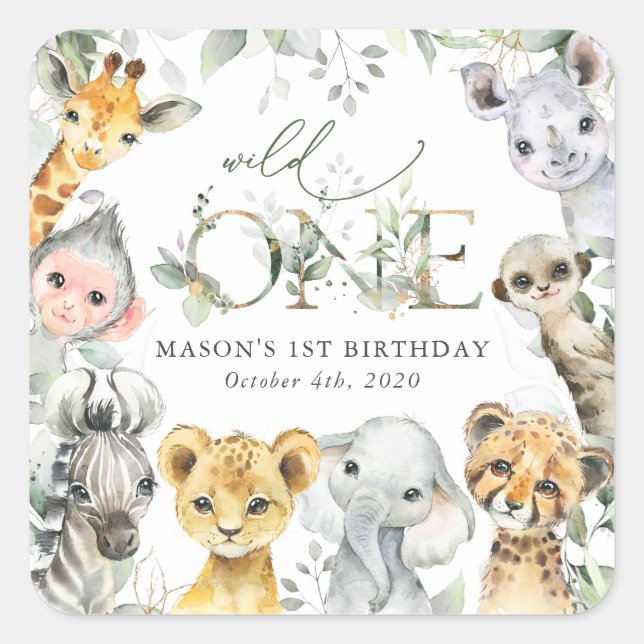 Sticker Carré Jungle Animals, Safari, Wild One, First Birthday (Devant)