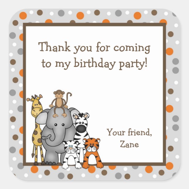Sticker Carré Jungle Animaux Baby shower Anniversaire Fête Favor (Devant)
