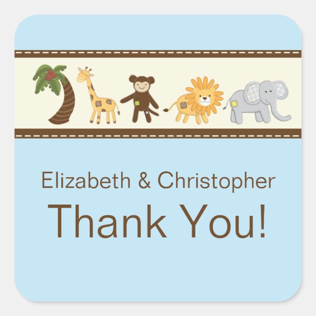 Sticker Carré Jungle Safari Animal Blue Boy Baby shower (Devant)